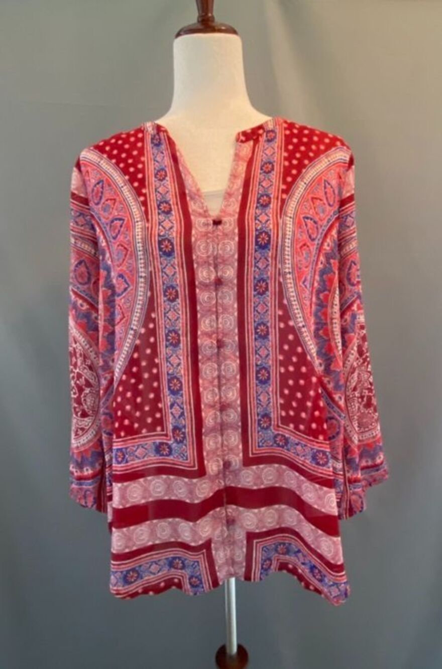Lucky Brand Women’s Medium Sheer Tunic Top Red Blue Bandana Paisley Boho